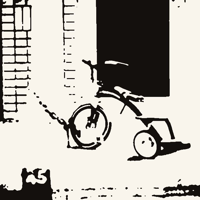 Blackwork version of a bicycle parked against a wall, solid black shapes with negative-space spokes