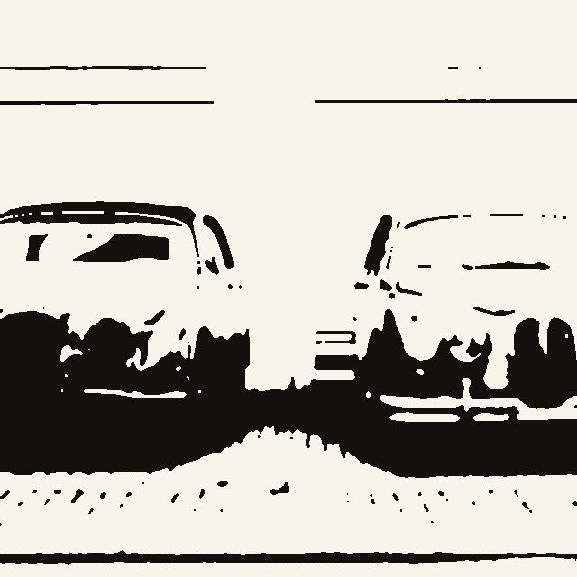 Blackwork version of two classic cars, bodies in solid black with white highlights left as negative space
