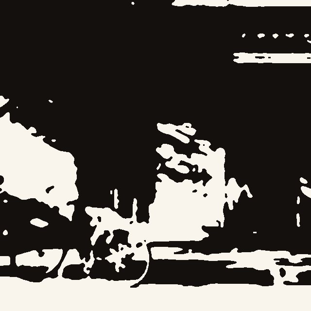 Heavier blackwork treatment of the same street, more solid black fill and fewer white details