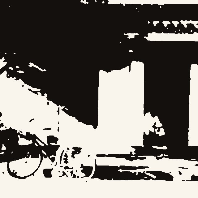 Blackwork version of a street with a bicycle, heavy black shadows and open white facades